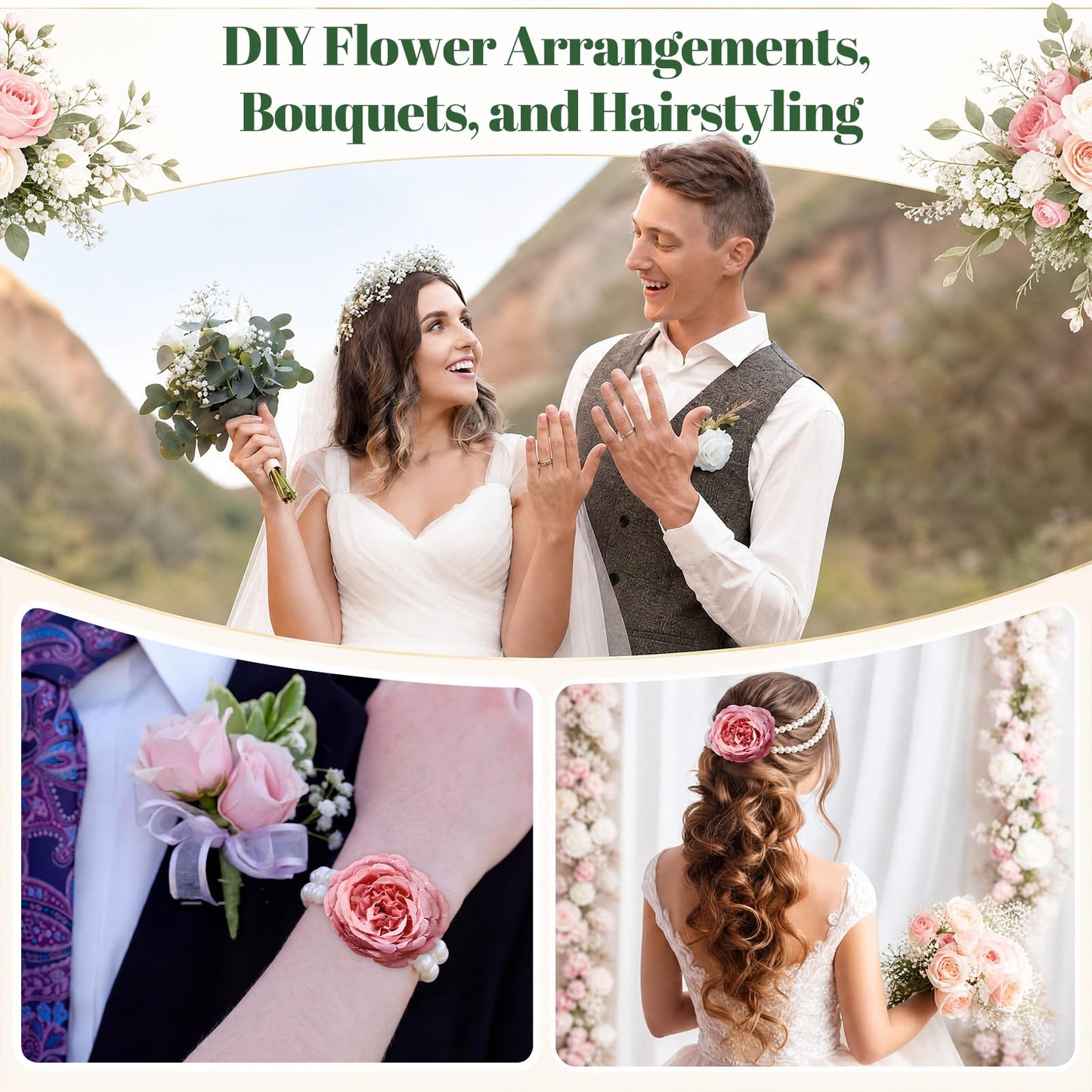 Poola Voidra Floral Arrangement Tools Floral Tape Wire Set Adhesive Glues Boutonniere Flower Pin Stem Cutter Elastic Pearl Wrist Corsage Band White Ribbon Kit for Wedding Corsage Supply Bouquet Craft