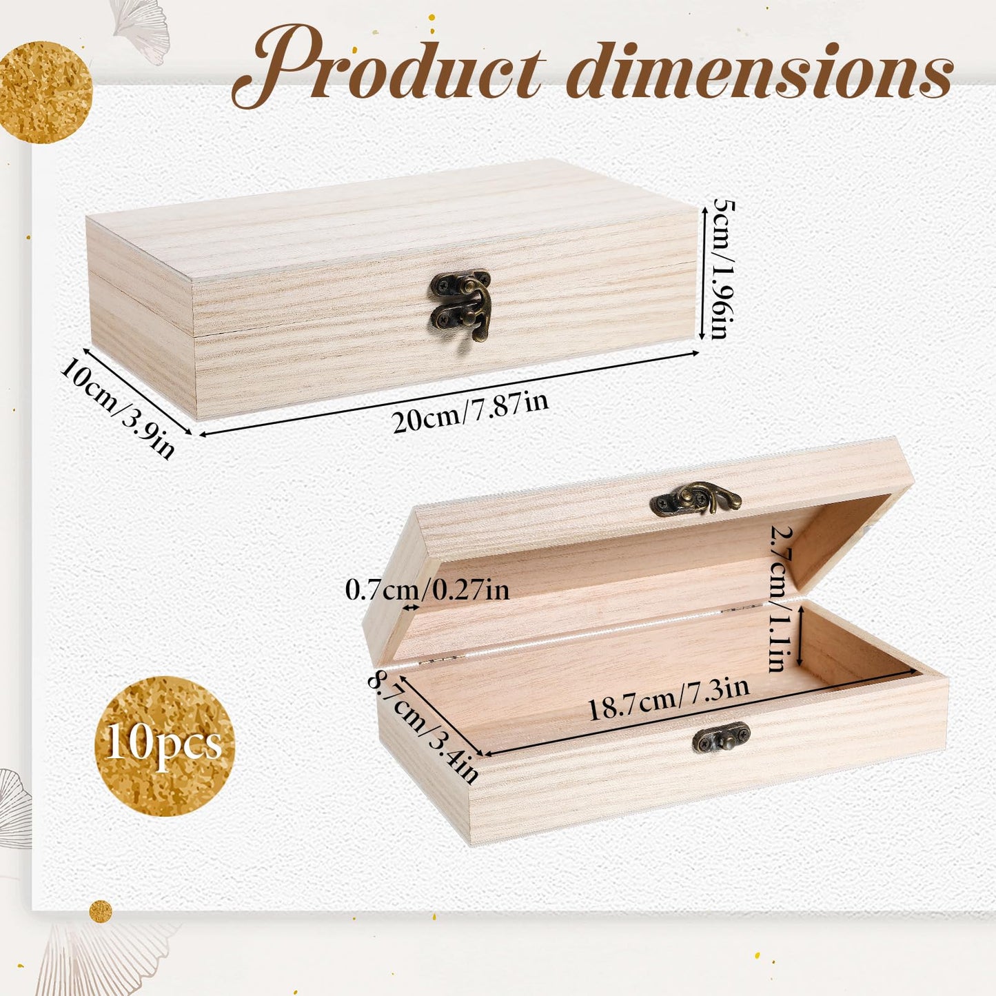 Oqqlin 10 Pack Wooden Box with Hinged Lid, Unfinished Wooden Boxes for Crafts 7.87 x 3.9 x 1.96 Inch Large Unpainted Paulownia Wood Box for DIY Crafts and Jewelry Storage