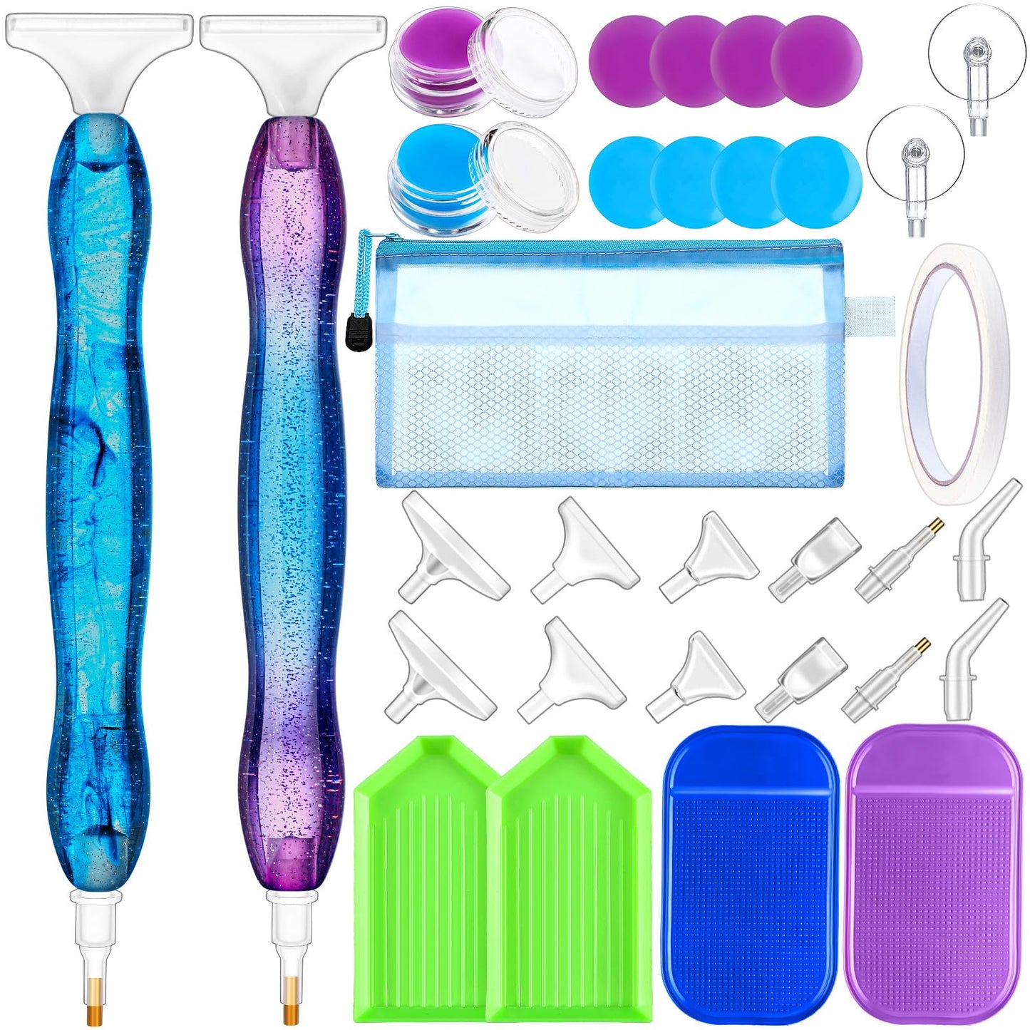 Outus 31 Pcs 5D DIY Diamond Tools Kit with Handmade Resin Painting Pens, Anti-Slip Mats, Plastic Diamond Trays, Clay Boxes, Drill Point Accessories for Adults DIY Craft(Sky Purple, Blue)