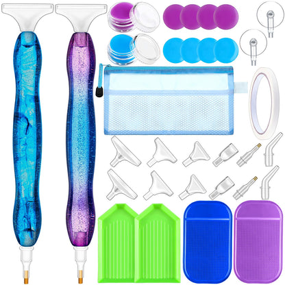 Outus 31 Pcs 5D DIY Diamond Tools Kit with Handmade Resin Painting Pens, Anti-Slip Mats, Plastic Diamond Trays, Clay Boxes, Drill Point Accessories for Adults DIY Craft(Sky Purple, Blue)