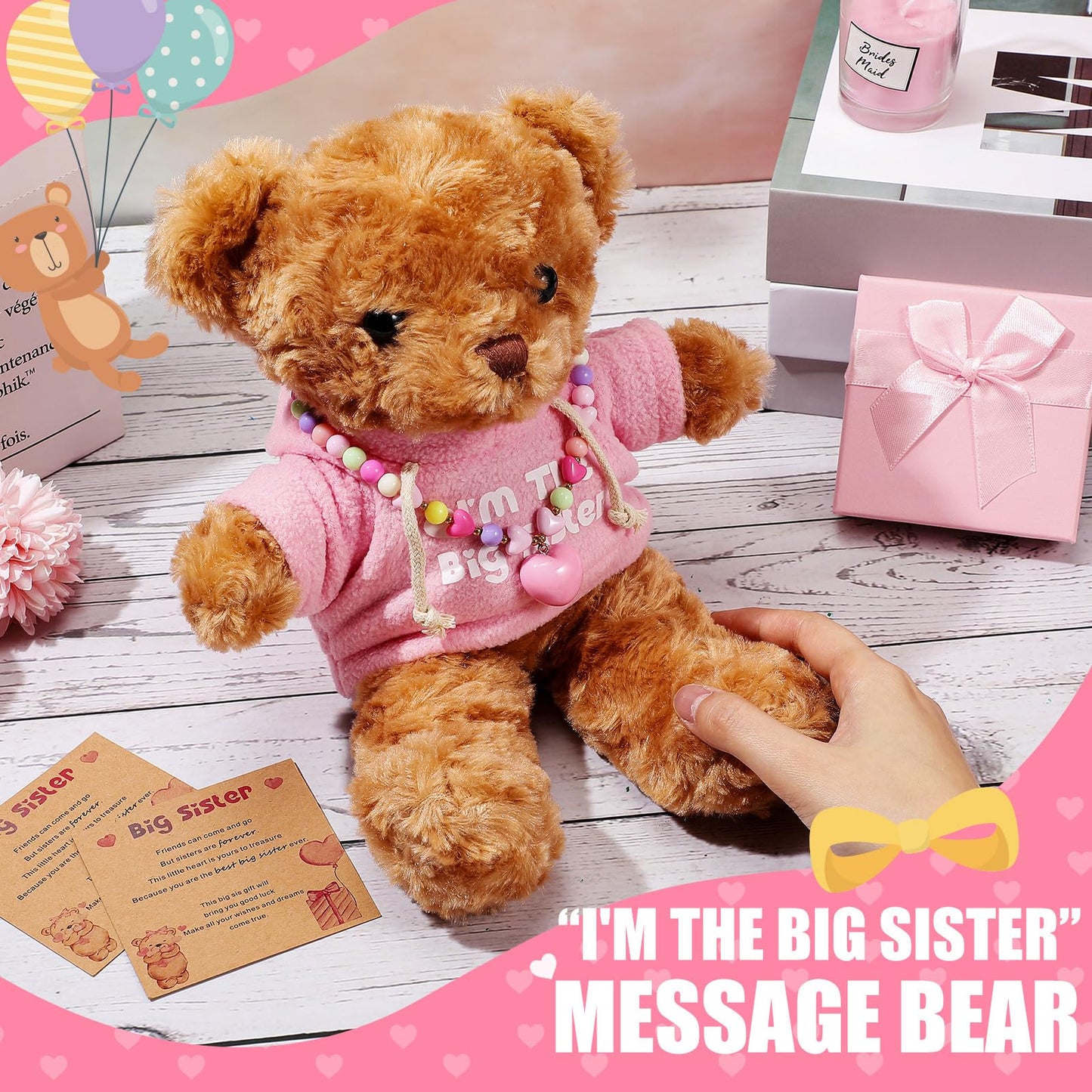 Taiyin 5 Pcs Big Sister Gift Set Big Sister Bear with Colorful Bracelet Necklace Jewelry Pink Stuffed Animal Bear Doll Toy Gift for Who Promoted with Beautiful Greeting Card and Box