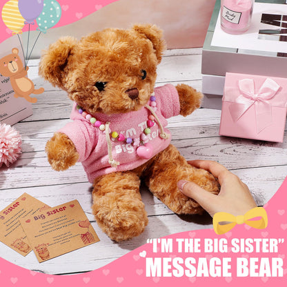 Taiyin 5 Pcs Big Sister Gift Set Big Sister Bear with Colorful Bracelet Necklace Jewelry Pink Stuffed Animal Bear Doll Toy Gift for Who Promoted with Beautiful Greeting Card and Box