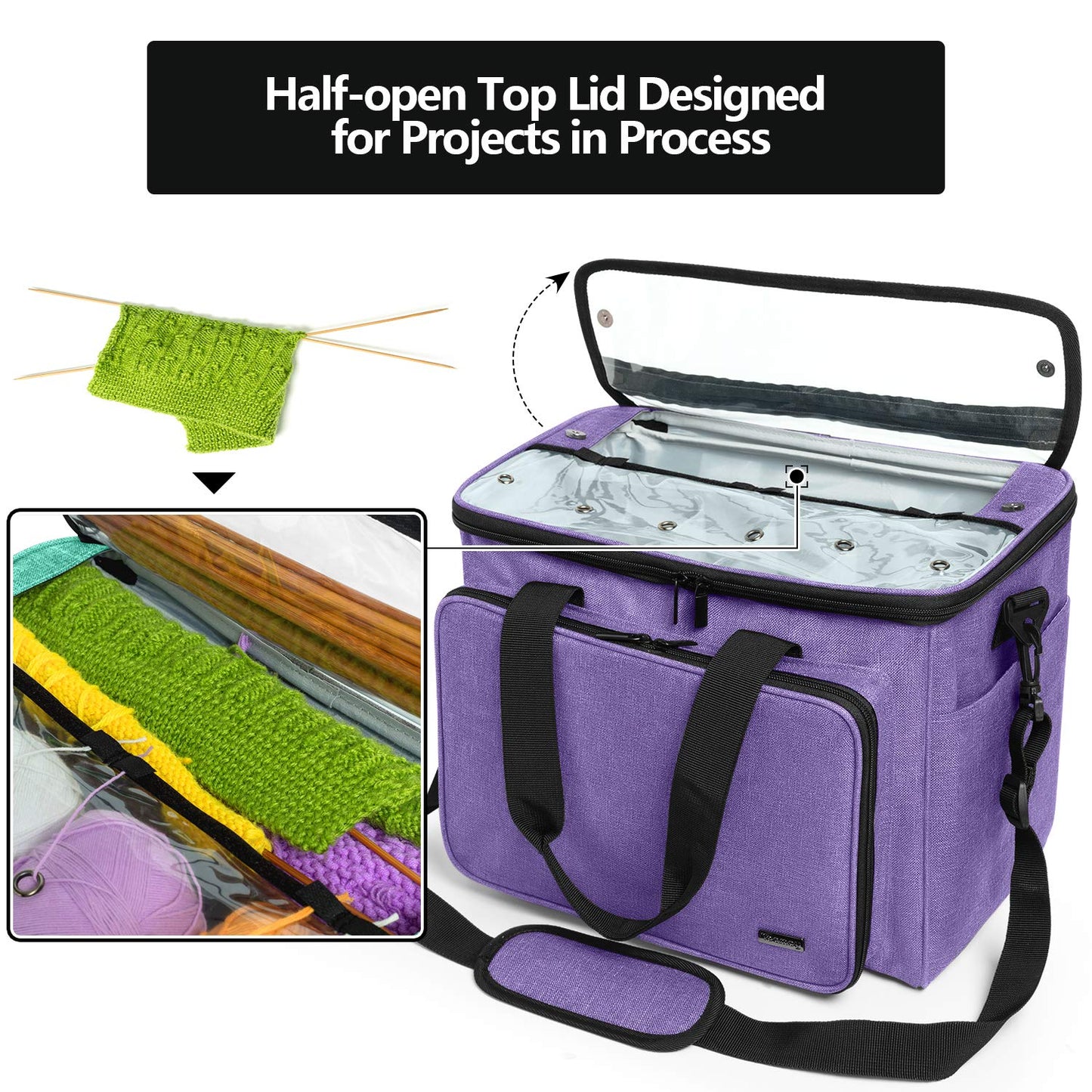 Teamoy Knitting Bag, Yarn Tote Organizer with Inner Divider (Sewn to Bottom) for Crochet Hooks, Knitting Needles(Up to 14"), Project and Supplies, Purple -No Accessories Included