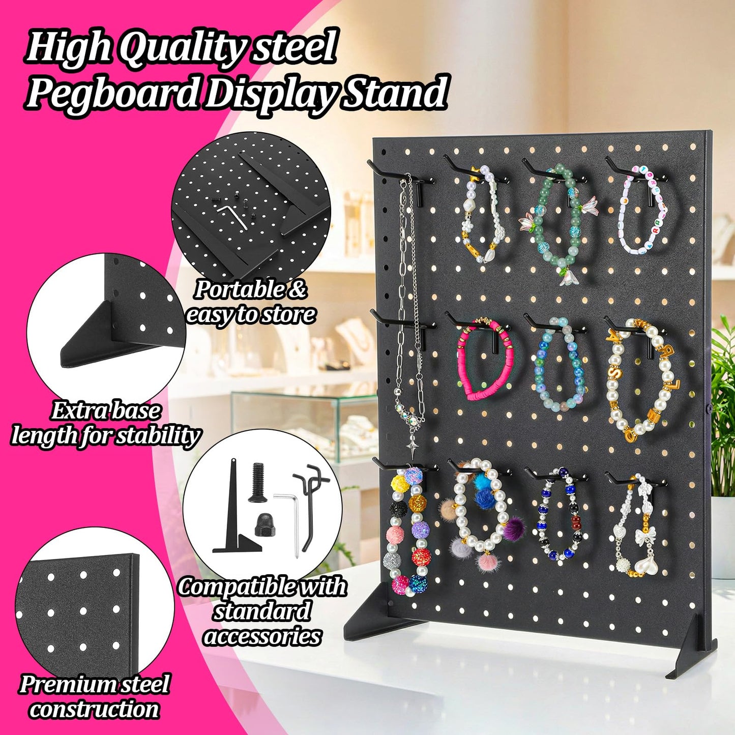 Xaajooio Metal Pegboard Display Stand with 15 Hooks 17x13 Inch Black Tabletop Retail Ornament Display Rack for Jewelry, Accessories, Keychains, Craft Shows, Vendors, Boutiques, and Events