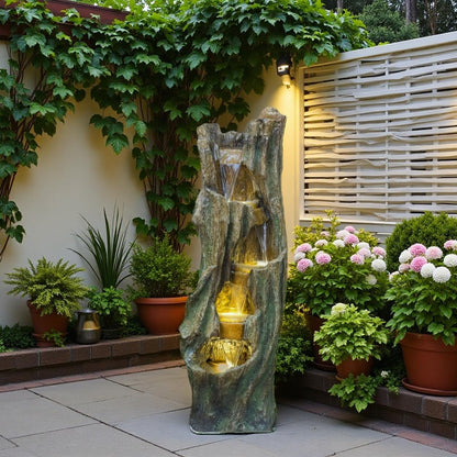 mdj pottery 39.4 Inch Tall Cascading Water Fountain Outdoor, 5-Tiered Resin Outdoor Fountain with Warm White LED Lights, Rustic Weather-Resistant Tree Trunk Waterfall for Patio Yard Garden - Grey
