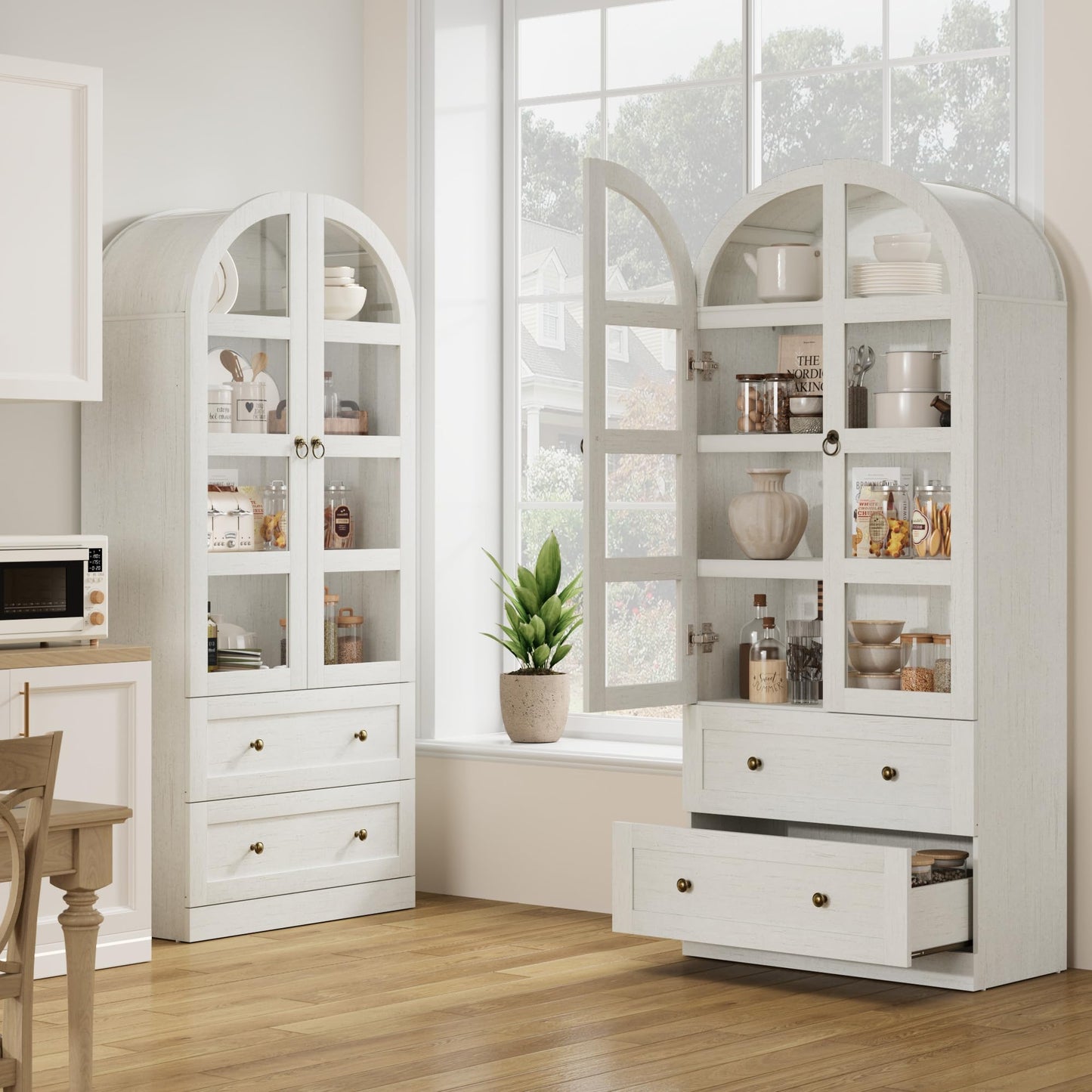 Garvee 72" Tall Dome Bookcase with Drawers, 4-Tier Wooden Bookshelf Cabinet with Glass Door, Farmhouse Arched Cabinet with Display Shelves, Wood Bookcase for Home Office, Living Room, Rustic White