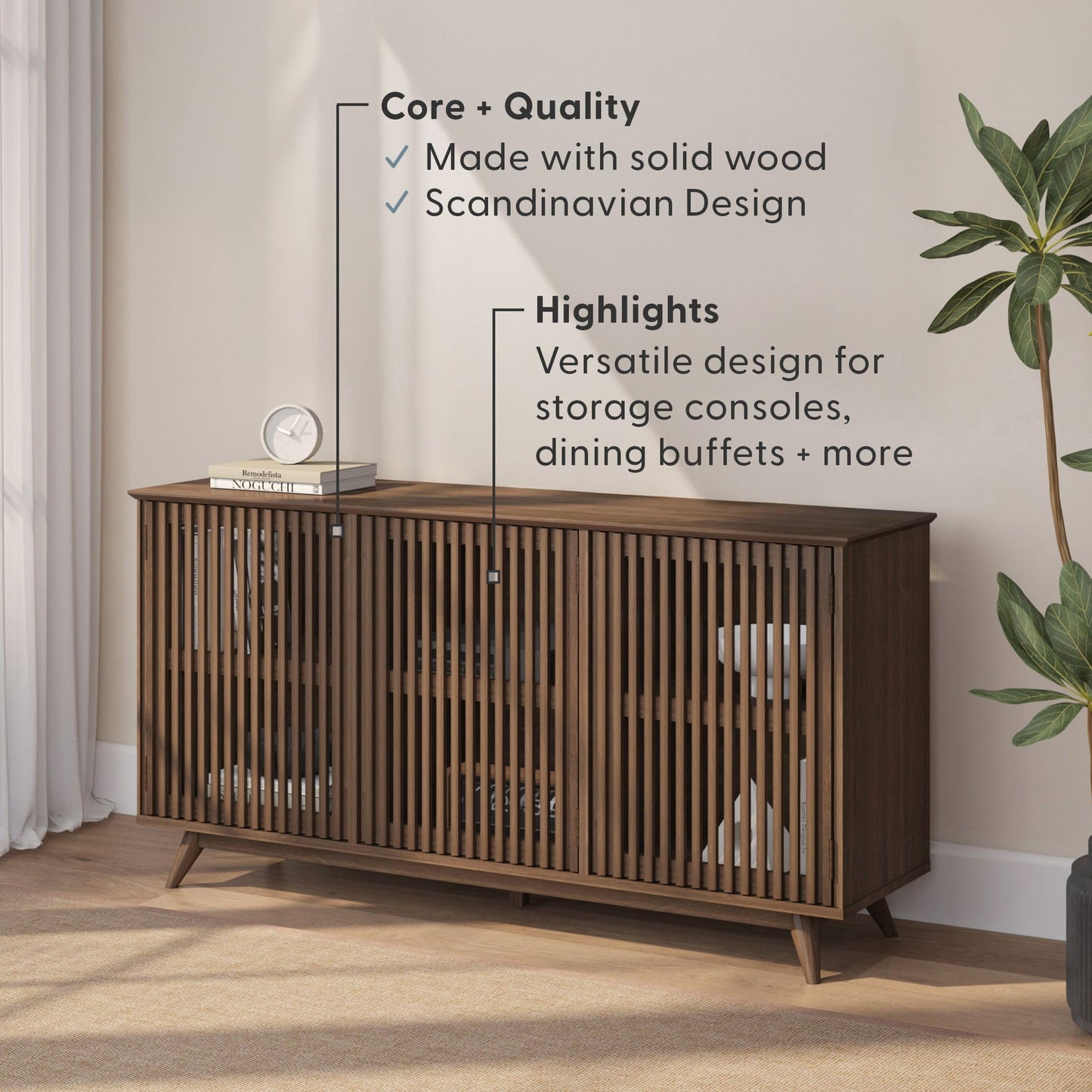 Plank+Beam Mid-Century Modern Wood TV Stand, Three Door Solid Wood Entertainment Console with Storage, 59" L x 16" W x 30" H, Walnut