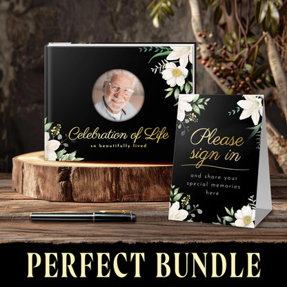 GUATE STORE Funeral Guest Book – Black Cover, 3-Piece Set with Guest Book, Table Sign, and Pen – Memory Book for Celebration of Life, Memorial Signing, Elegant Funeral Supplies, and Durable Design