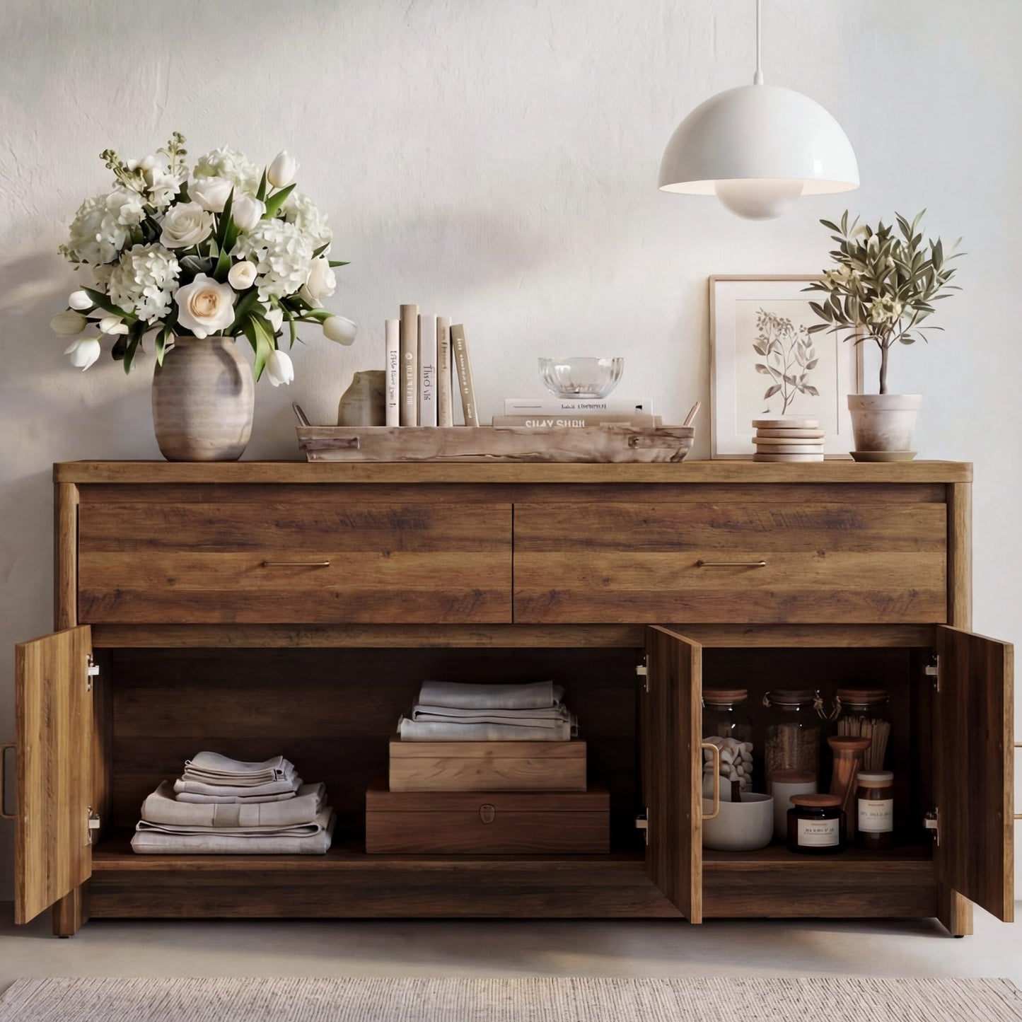 KISLOT 59" Sideboard Buffet Cabinet with Storage, Wood Kitchen Storage Cabinet with Adjustable Shelves & Drawers, Mid Century Modern Credenza for Kitchen, Living Room, Entryway (Walnut)