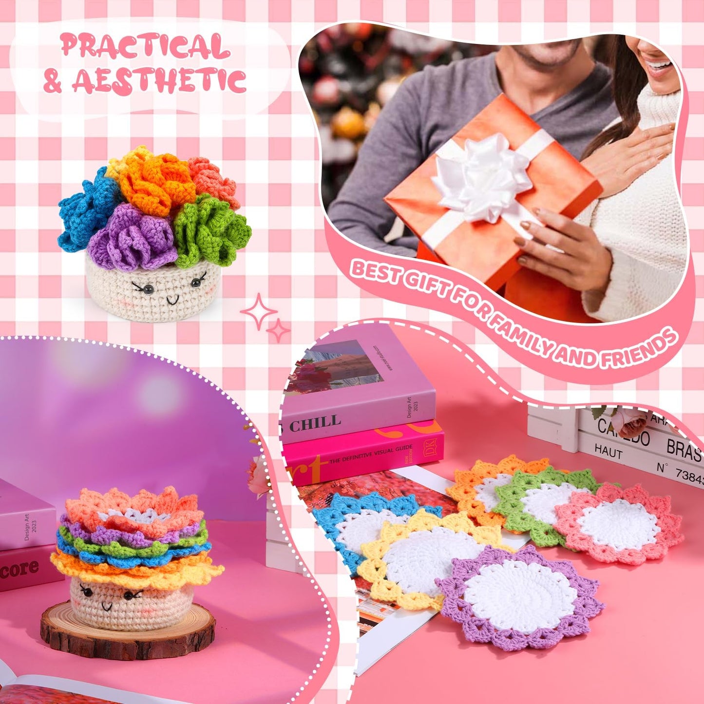 Hssugi Crochet Kit for Beginners, 6PCS Crochet Starter Kit, Potted Plant Coasters Crochet Kit with Step-by-Step Video Tutorials, Crochet Hooks, Learn to Crochet Kits for Adult Beginners