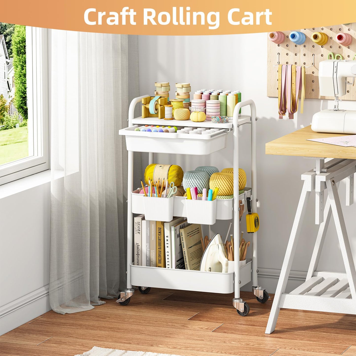 3 Tier Metal Rolling Utility Cart with Drawer & Lockable Wheels - Heavy Duty Multifunctional Storage Organizer with 2 Cups and 4 Hooks for Bathroom, Kitchen, Snack, Craft, Makeup, Baby Essentials