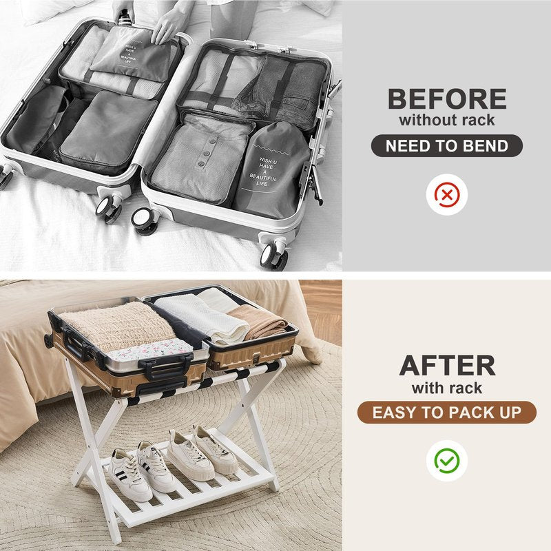 oakvivo Fully Assembled Luggage Racks Pack of 2, Upgraded Bamboo Foldable Suitcase Stand with 5 Nylon Straps, 26.77" Thickened Luggage Stand Holder with Shelf for Guest Room Bedroom Hotel, White