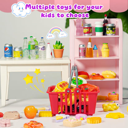 183Mini Food Toys Dollhouse Fruit Vegetable Bread Rack Display Shelf Grocery Store Shopping Cart Basket Miniature Drink Supermarket Metal Handcart Kitchen Play Game Party Cash Register