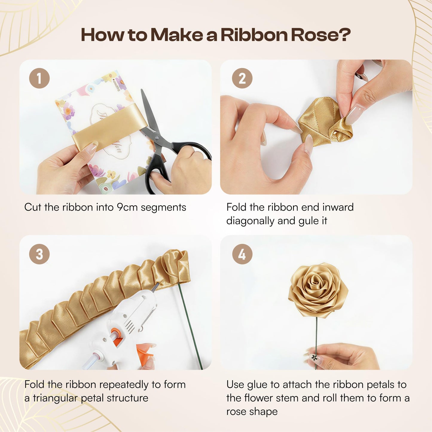 Caydo 1-1/2 Inch Satin Ribbon Flower Making Kit for Birthday Gifts, 50 Yards Champagne Gold Ribbon with Floral Stem Wire, Wrapping Paper, Glue Stick, 3D Butterfly and Diamond Pins