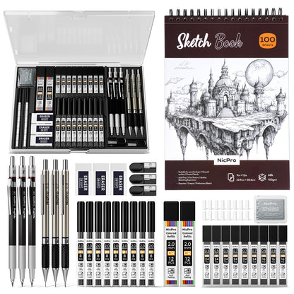 Nicpro 37PCS Art Drawing Supplies Kit, Metal Mechanical Pencil Set 0.5, 0.7, 0.9 & 2mm, 100 Sheets 9x12 Sketch Book, 288PCS Leads, School Supplies Drawing Kit for Artist Adults Teens Kids Sketching