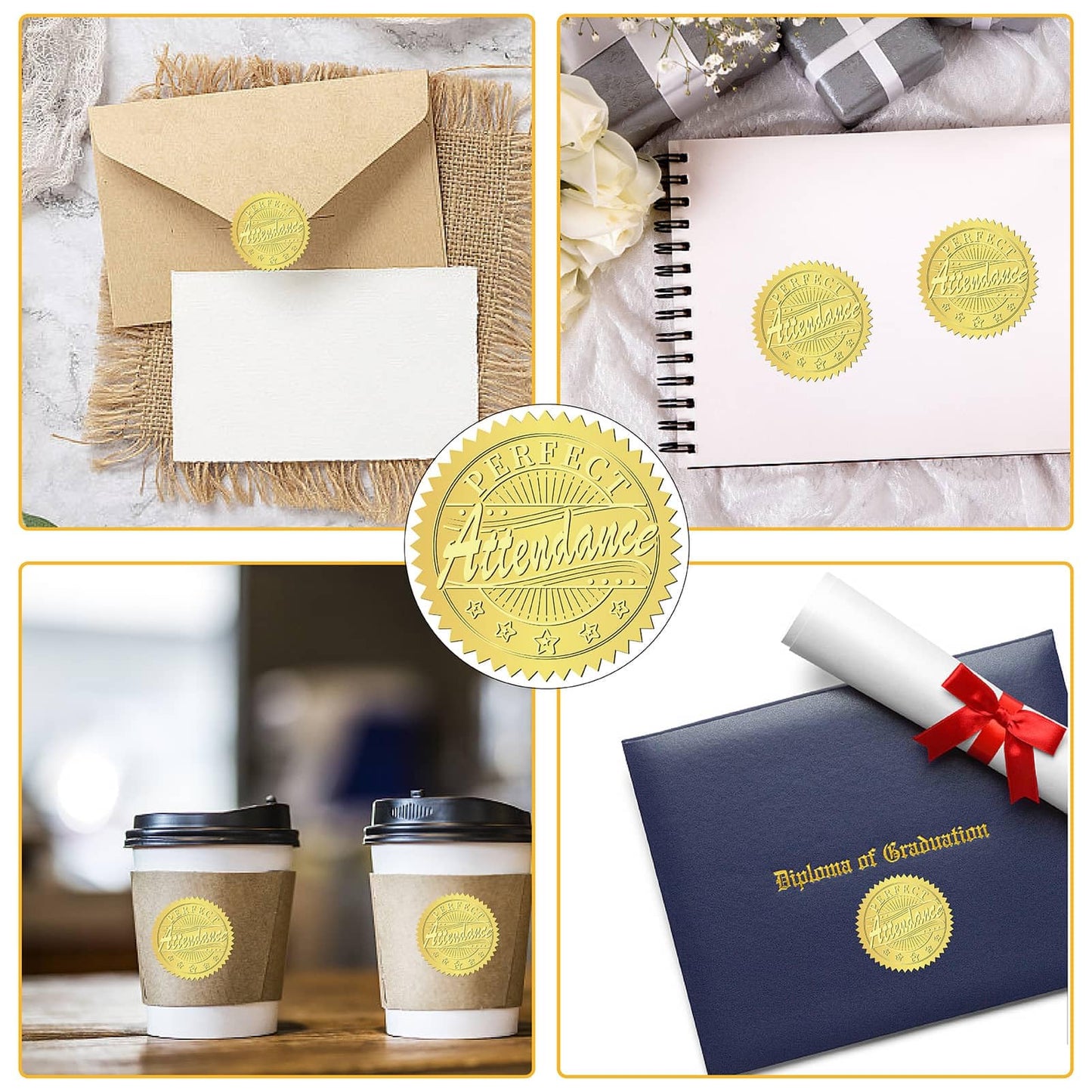 CRASPIRE 408Pcs Attendance Gold Foil Embossed Stickers 2" Self Adhesive Envelopes Seals Sticker Labels for Wedding Invitation Graduation Corporate Certificates Diplomas Gift Wrapping Decor
