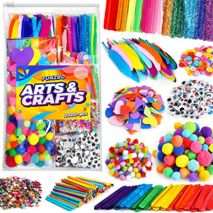 FUNZBO 2000Pcs+ Arts & Crafts Supplies Kits for Kids, DIY Craft Supplies for Toddlers Art Supply Tools Set Pipe Cleaners, Pom Poms and Feather, Birthday Gifts for Kid Girls Ages 4-8-12