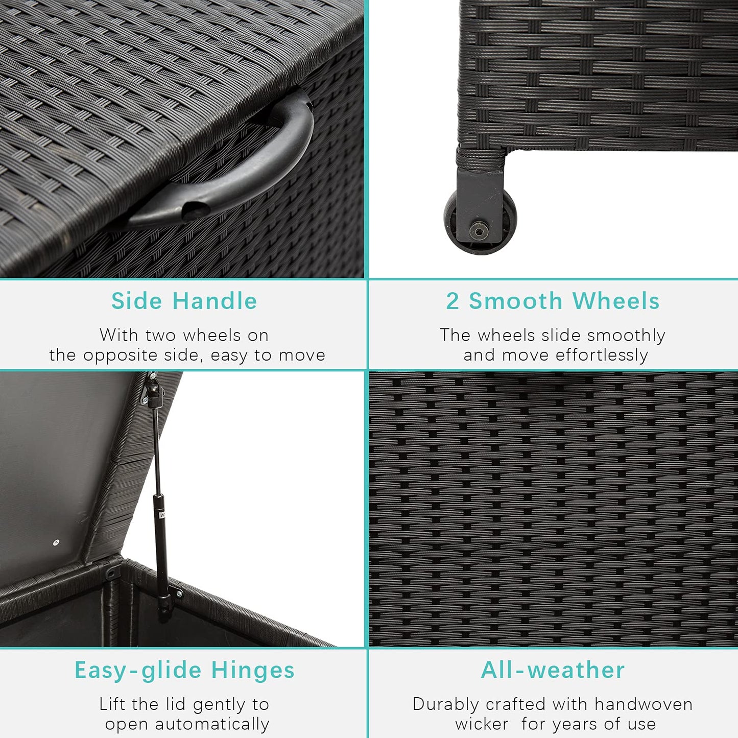 Celah 120 Gallon Outdoor Deck Box Storage Container, Rattan Wicker Storage Box with Handles and Wheels for Patio Furniture Cushions, Garden Tools, Pool Accessories (Black)