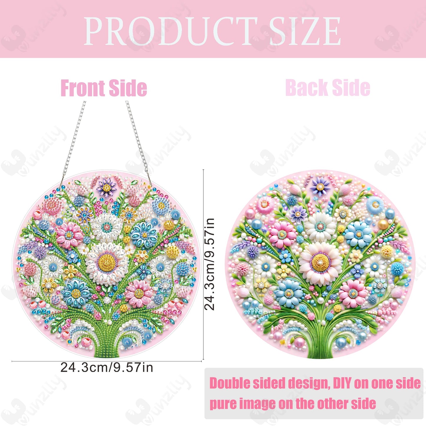 Yunzlly DIY Hanging Diamond Art Pendant Kit, Special Crystal Double Sided Diamonds Painting Ornament Kit for Adults, Acrylic Gem Painting Board for Window&Door&Wall (Flower)