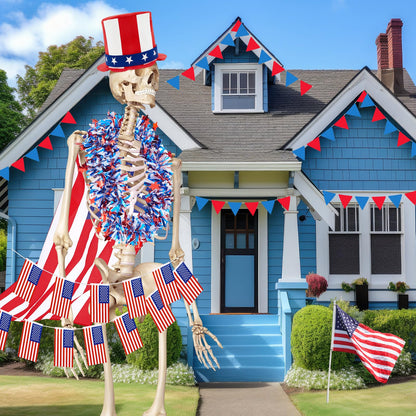 Bunnycool 4 Pcs 4th of July 12 ft Skeleton Patriotic Outfit Accessories Hat, Cape, Flag Banner, Tinsel Garland Giant Skeleton Costume Clothing for Parade Garden Lawn Outdoor Decor