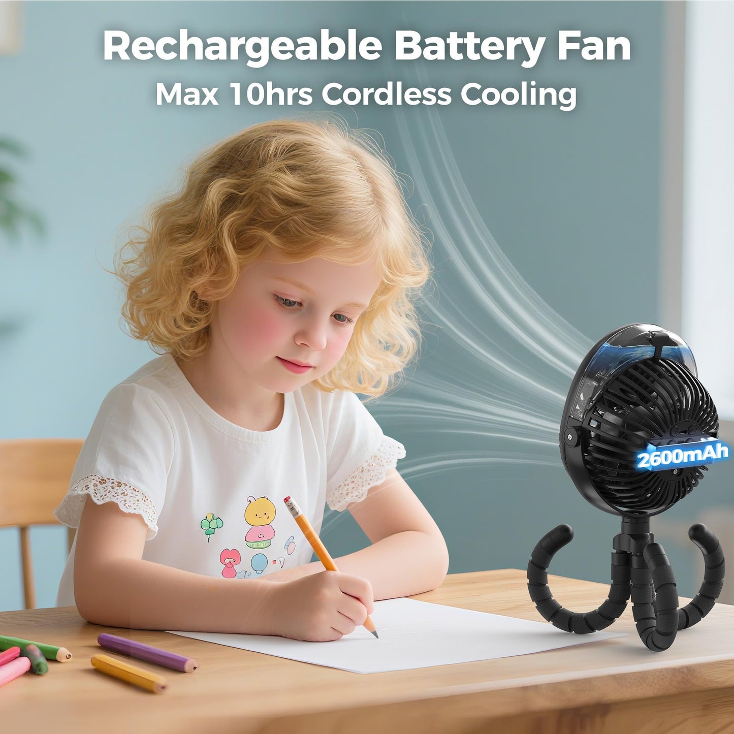 COMLIFE Misting Baby Stroller Fan, Rechargeable Battery Operated, 270° & 360° Pivoting, 50ml Portable Water Sprayer Misting Fan with Flexible Tripod Clip on Car Seat Crib Treadmill Bunk Bed