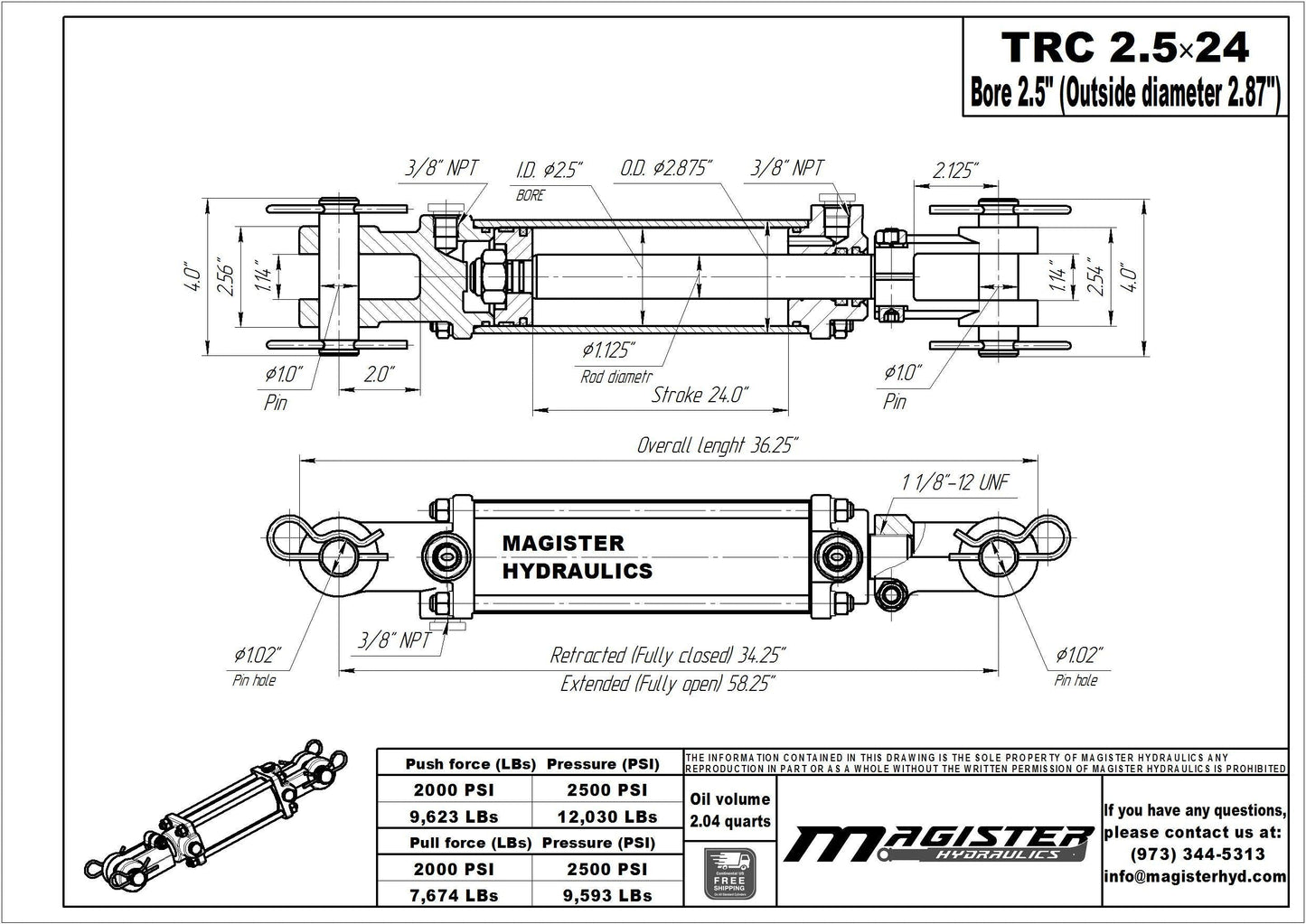 Magister Hydraulics Double Acting Hydraulic Cylinder - AG Tie-Rod Hydraulic Cylinder 2500 PSI Agriculture Standard 2.5" bore 24" Stroke (2.5x24)