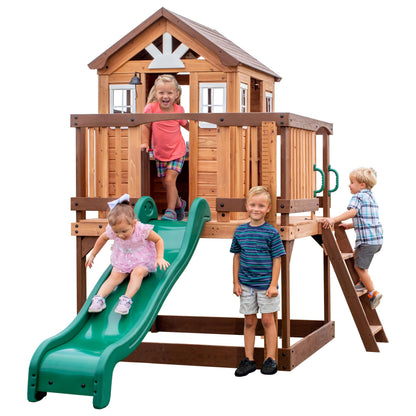 Backyard Discovery Echo Heights Elevated Cedar Wooden Kids Playhouse with Wave Slide, Play Kitchen, Wrap-Around Deck, Flat-Step Ladder, Half Door, Windows, Bell, and Growth Chart for Outdoor Play