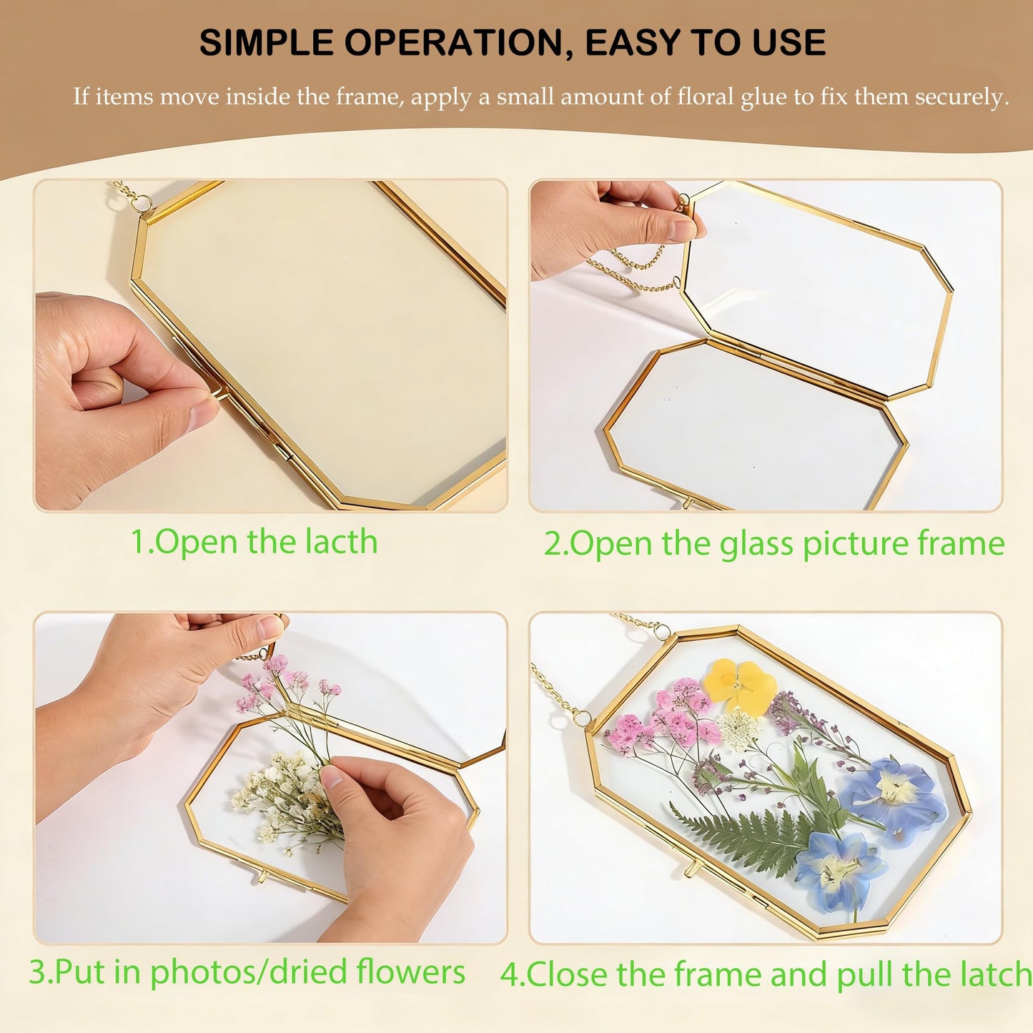 HBLEDOT Pressed Flower Frames, Wall Hanging Double Glass Picture Frames with Chain for Dried Flowers Plants Wall Decor,Only Frame and tweezers (Gold-6PCS)