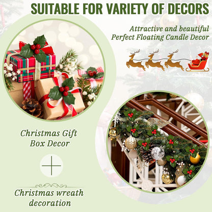 Christmas Holly Berries for Crafts, Faux Flowers and Holly Leaves, 50 Pcs for Wreath Fillers
