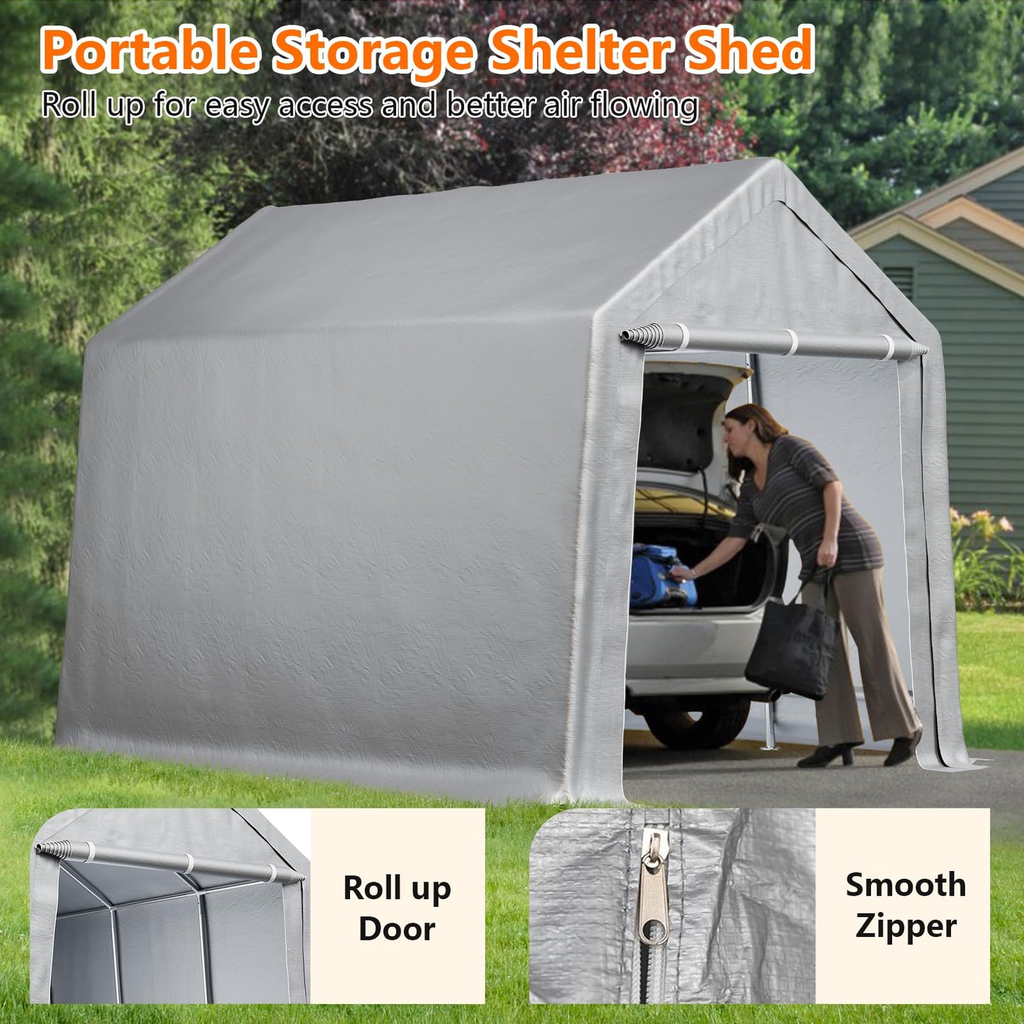 10×10 ft Outdoor Storage Sheds, Portable Storage Shelter Shed with Roll up Zipper Doors, Waterproof Outside Utility Shed Garage Tent for Motorcycle, Bicycles and Camping Tools