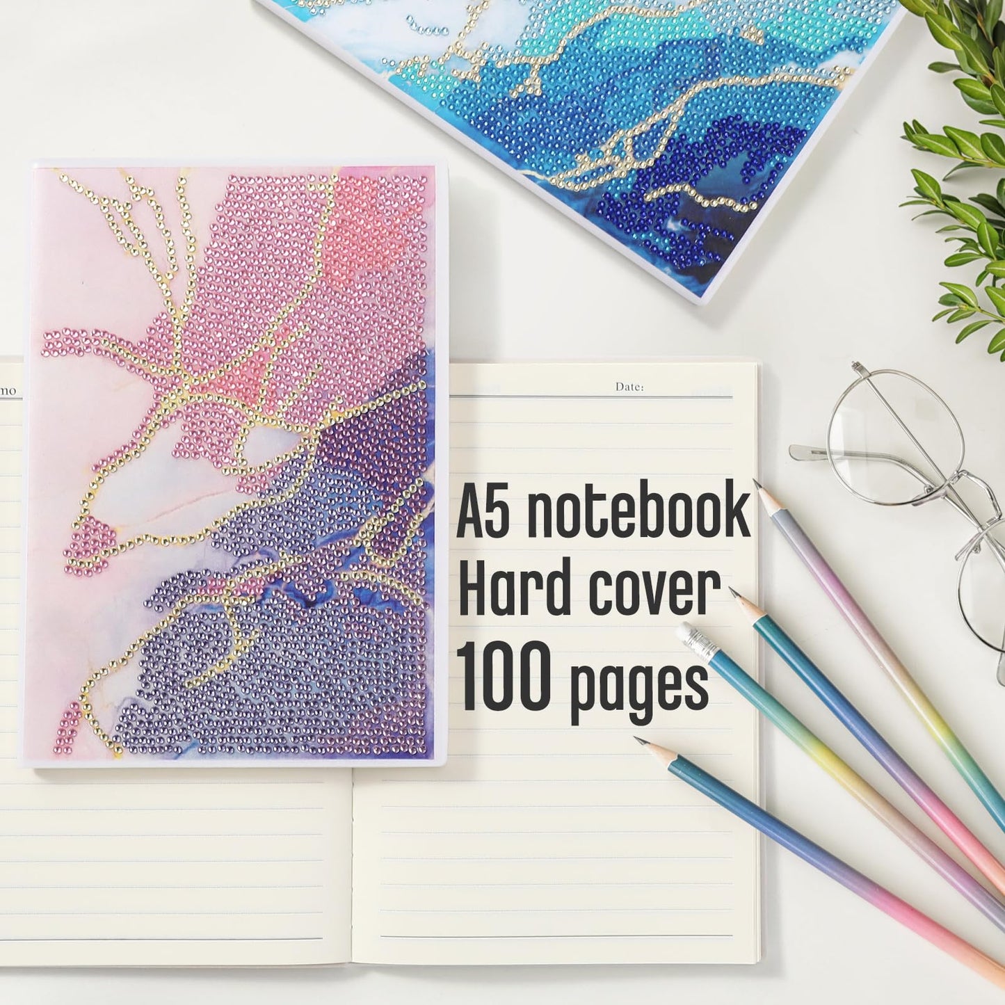 Mooliwe 4 Pcs Diamond Painting Notebook for Adults, Diamond Art Journal DIY Art Kits Sets A5 Leather Painting Sketchbook Christmas Gifts for Adults Beginners(Marble)