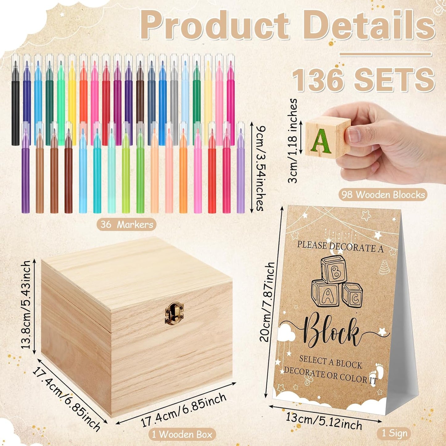 136 98 36 1 1 Marsui Pcs Baby Shower Blocks to Decorate Game Kit Includes Wooden Blocks, Markers, Game Sign, Storage