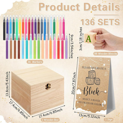 136 98 36 1 1 Marsui Pcs Baby Shower Blocks to Decorate Game Kit Includes Wooden Blocks, Markers, Game Sign, Storage
