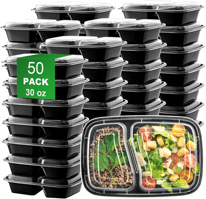 Meal Prep Containers - 50 Pack 30oz 2-Compartment Leakproof BPA-Free Food Storage Boxes