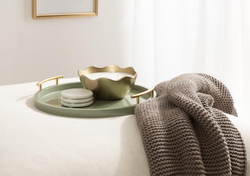 Kate and Laurel Halsey Decorative Wooden Round Tray with Polished Metal Handles, 16 Inch Diameter, Sage Green and Gold, Modern Glam Circle Serving Tray for Use as Ottoman Topper or Coffee Table Accent