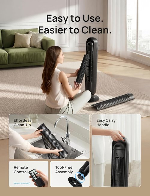 DREO Tower Fan - Ultra Quiet Bladeless Design with 8 Speeds & 90° Oscillation | High Velocity 28ft/s, Black