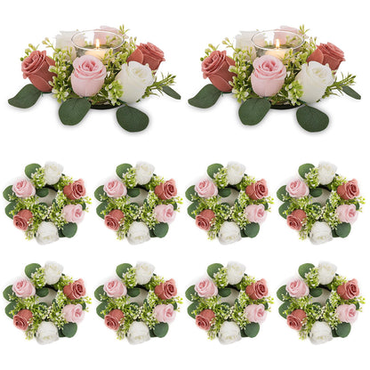 NUPTIO Small Flower Rings for Centerpieces: 9.05 Inch Dusty Rose & White Candle Rose Wreath 10 Pcs for Wedding Party Christmas Decorations - Spring Summer Front Door Porch Decor