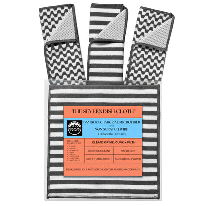 Severn Dish Cloths for Washing Dishes 4pk. Odor-Resistant Dish Rags with Non-Scratch Wire Scrubber Side for Kitchen Cleaning. Grime-Fighting Bamboo-Charcoal Microfiber 2-Sided Dishrags. Machine Wash