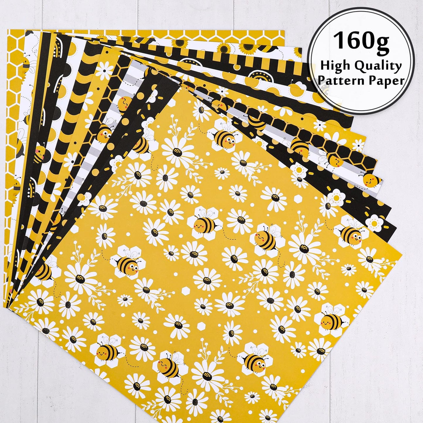 Whaline 24Pcs Bee Pattern Paper Pack 12 Designs Yellow Black Honeycomb Scrapbook Specialty Paper Double-Sided Collection Decorative Craft Papers for DIY Card Making Scrapbook Photo Album Decor