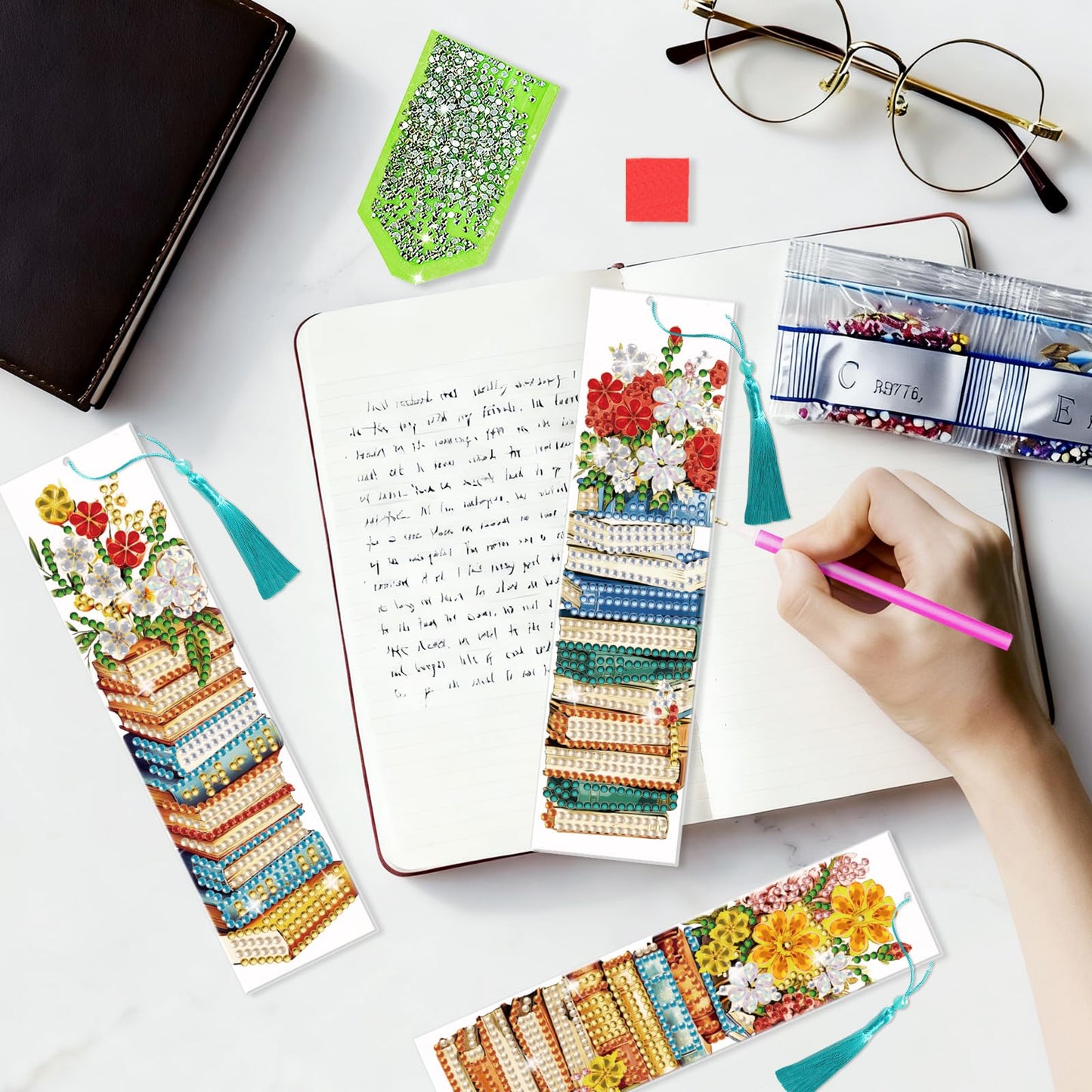 beinkmake 6pcs Diamond Painting Bookmark Set Stack of Books and Flowers Acrylic Bookmarks with Tassels DIY Art Gift for Book Lovers 7.87x1.97 Inches