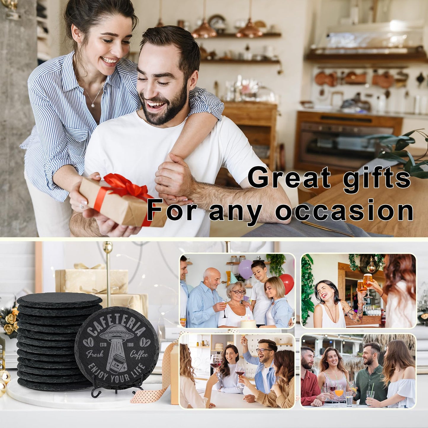 36 PCS Black Slate Stone Coasters Bulk, MAPRIAL Laser Engraving Blanks Material, 18 PCS Square, 18 PCS Round for Engraver, Drinks, DIY Project,Gifts