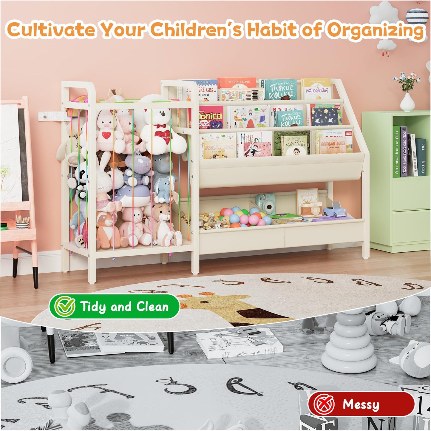 CYXPHION B5 Kids Bookshelf and Toy Storage, Book Shelf for Kids Rooms, Sling Toddler Book Shelves with Stuffed Animal Storage, Montessori Baby Bookcase for Nursery, Bedroom, Playroom, White