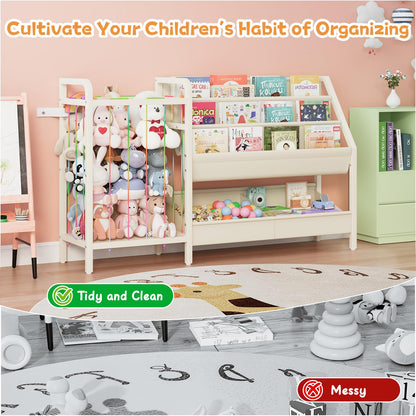 CYXPHION B5 Kids Bookshelf and Toy Storage, Book Shelf for Kids Rooms, Sling Toddler Book Shelves with Stuffed Animal Storage, Montessori Baby Bookcase for Nursery, Bedroom, Playroom, White