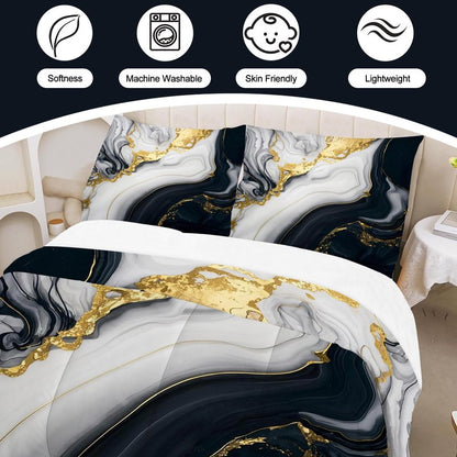 VTKON Abstract Marble Bedding Set for Kids Women Men Queen Size 3D Marble Comforter Set Black White Gold Quilt Set for All Age Marbling Quilt Set with 1 Comforter + 2 Pillowcases