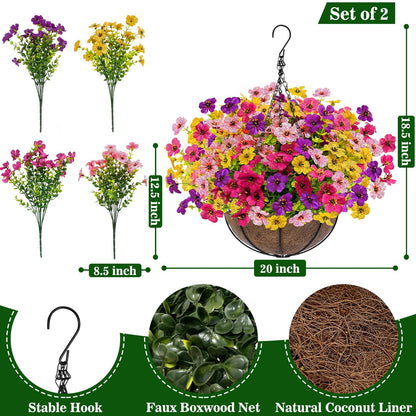 Grandeal 2 Sets Artificial Hanging Plants Flowers Basket Outdoor, Fake Hanging Plants 24 Pcs Flowers for Porch Patio Garden Home Decor for Spring Summer (Red, Purple, Yellow, Rose Red)