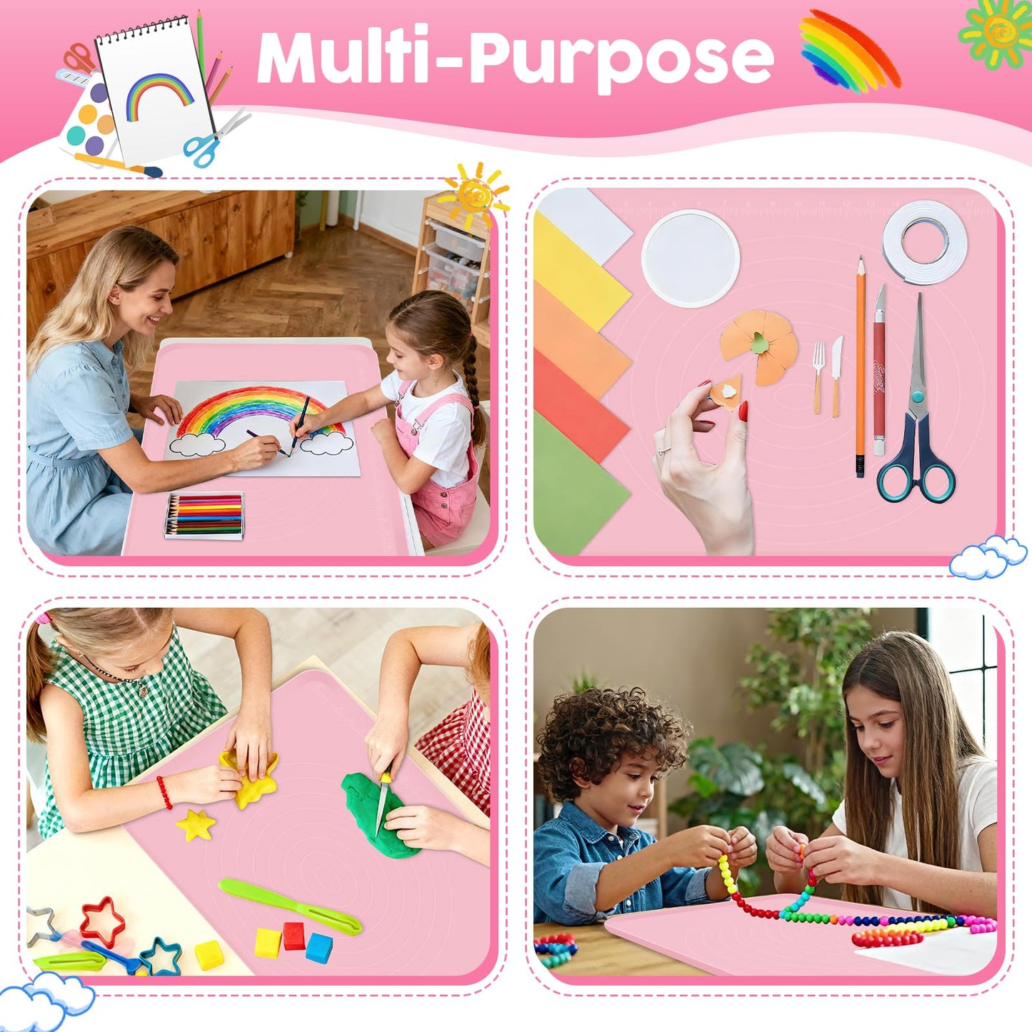 Large Silicone Mat for Crafts, 24"X19.7" Art Mat with Raised Edges for Clay, Resin, Slime, Jewelry-Making Table Protection Heat-Resistant Paint Mats, pink