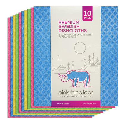 PINK RHINO LABS Swedish Dishcloths – Eco-Friendly Reusable Kitchen Towels – 10 Pack Cleaning Cloths for Dishes, Counters & Surfaces – Super Absorbent, Compostable, Zero-Waste Alternative