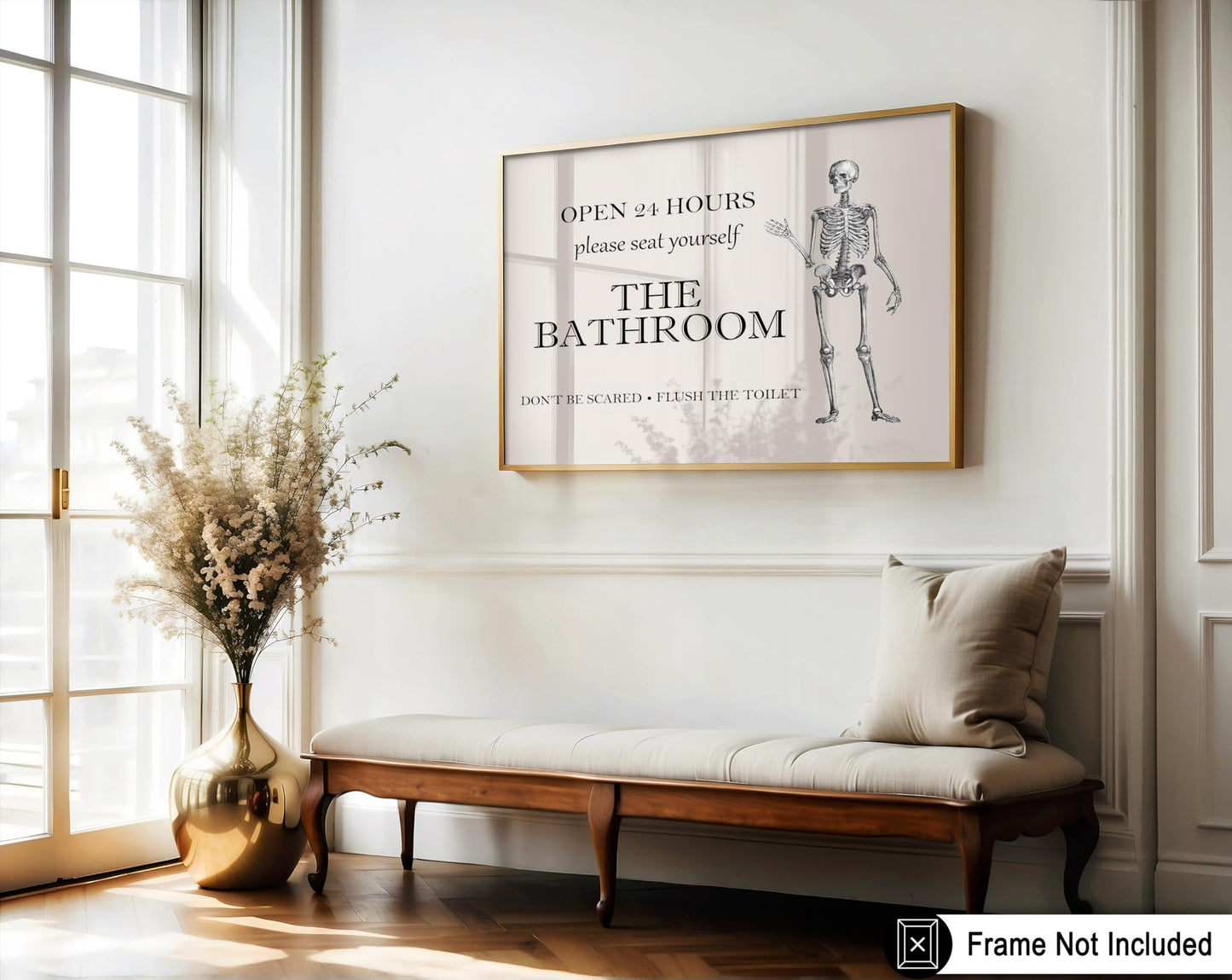 Poster Master The Bathroom Sign Poster - Don't Be Scared Print - Skeleton Art - Halloween Art - Trendy Wall Art - Funny Gothic Bathroom Decorations - Humorous Restroom Decor - 8x10 UNFRAMED Wall Art