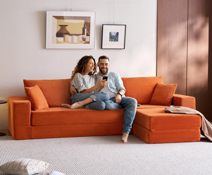 LINSY HOME Oversized Convertible Sofa Bed with 2 Pillows & Ottoman, Corduroy Boneless Couch Folding Modular Sleeper Sofa, L Shaped Couch Floor Sofa for Living Room Apartment, Upgrade Backrest (Orange)