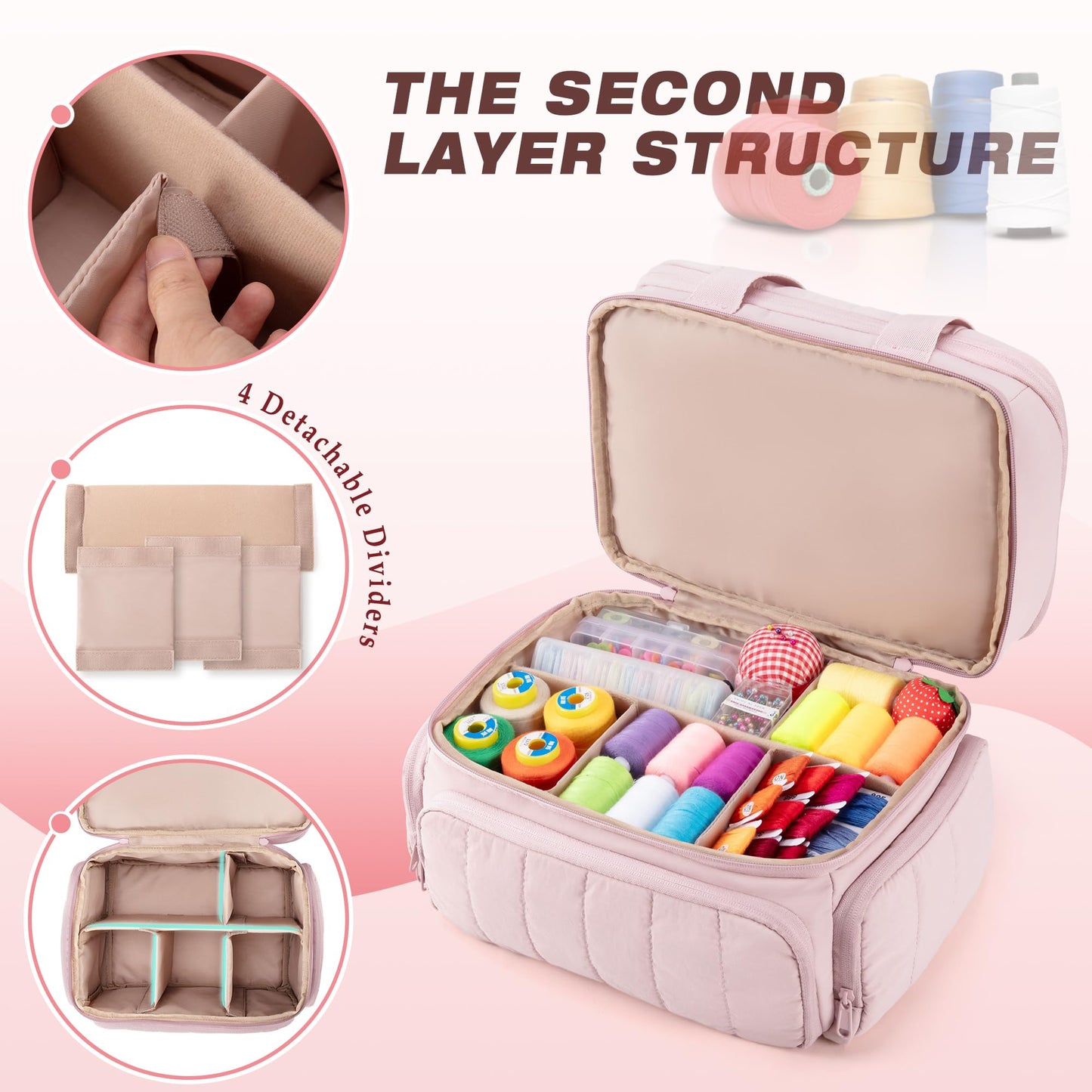 Marscamd Puffer Sewing Organizer Bag, Large Capacity with Multiple Pockets and Detachable Dividers, Storage Box for Threads, Needles, Scissors, Craft Supplies, Pink (Bag ONLY, NO Supplies)